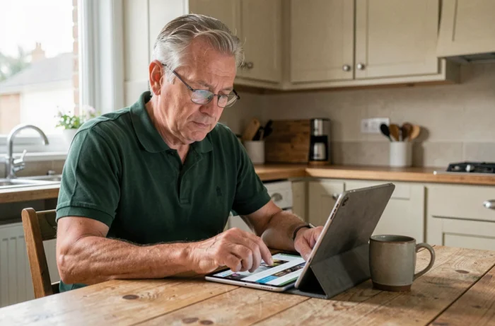 Homme âgé naviguant sur tablette pour accéder au formulaire de contact du site Longdrivers