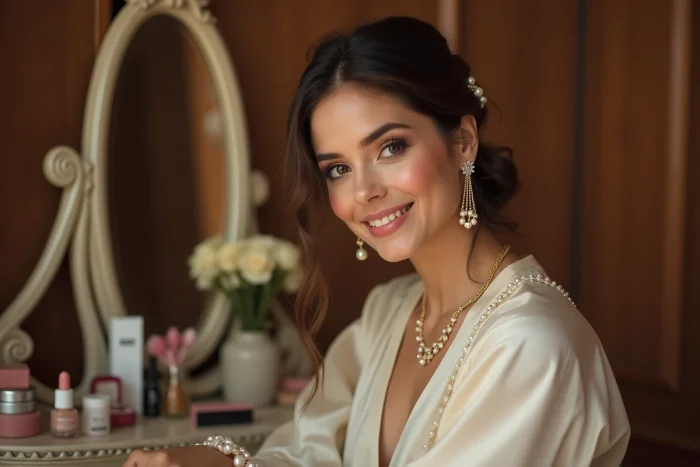 Personne adulte portant des accessoires féminins élégants comme des boucles d'oreilles en perles et un collier délicat, assise devant un miroir de coiffeuse vintage