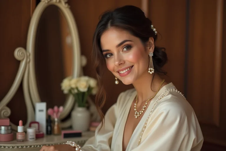 Personne adulte portant des accessoires féminins élégants comme des boucles d'oreilles en perles et un collier délicat, assise devant un miroir de coiffeuse vintage