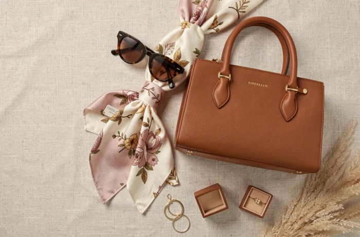 Flat lay tendance d'accessoires de mode luxueux incluant sac en cuir, foulard en soie, lunettes et bijoux dorés sur fond lin