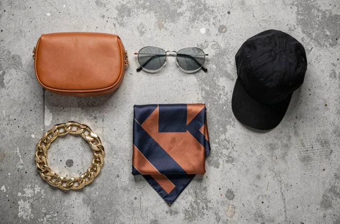 Sélection d'accessoires tendance de style urbain posés sur béton brut, vue de dessus