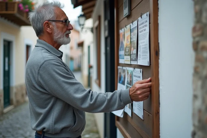 Homme consultant un panneau d'affichage communautaire avec annonces culturelles dans un village côtier atlantique