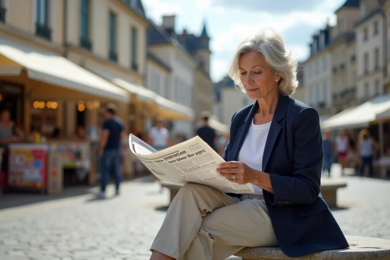Femme lisant un journal régional dans une place de marché typique du littoral atlantique français