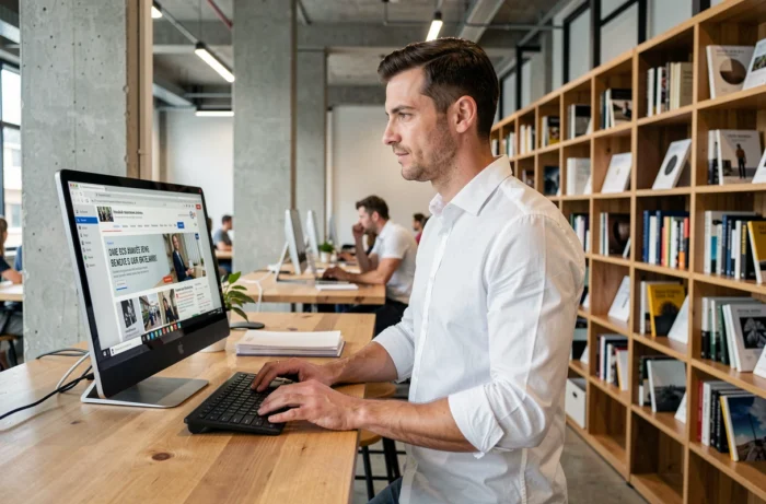 Homme professionnel consultant l'actualité du web francophone sur un écran dans un espace de coworking contemporain