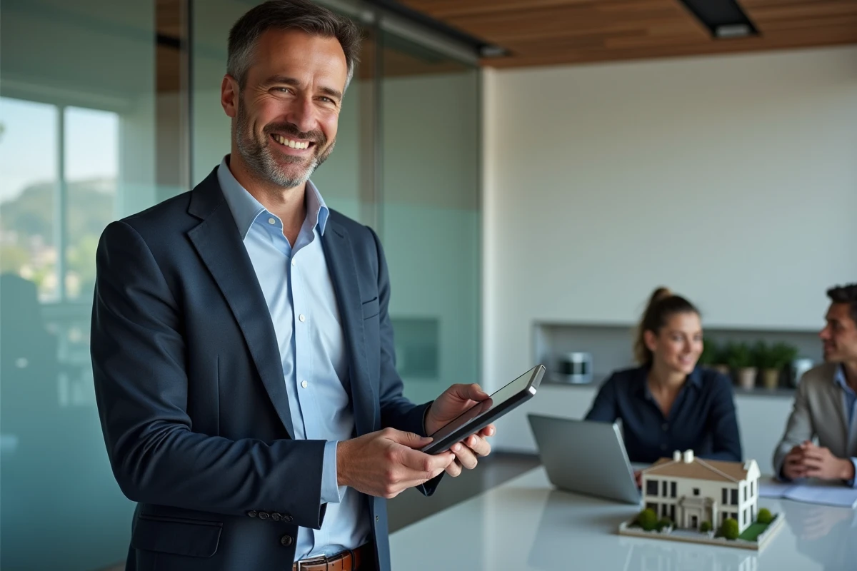 Agent immobilier en réunion avec un couple dans un bureau