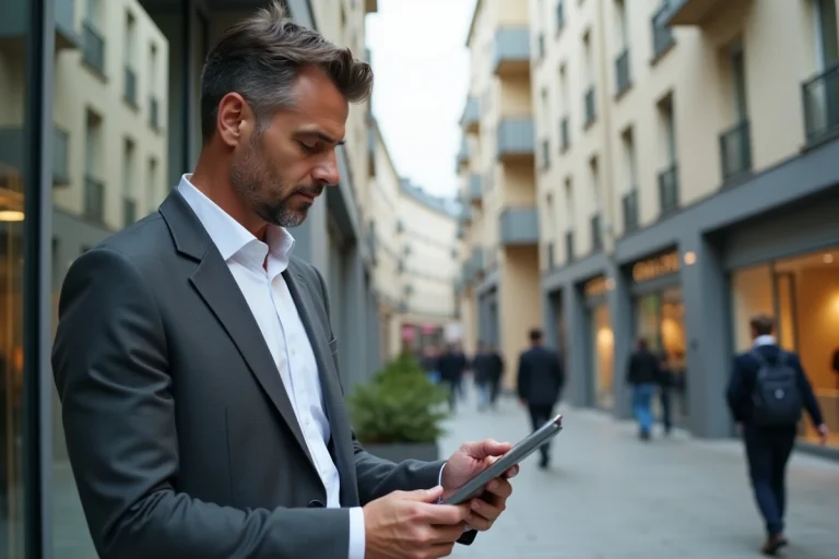 Agent immobilier analysant des documents devant un immeuble moderne en 2027, tendances du marché immobilier urbain