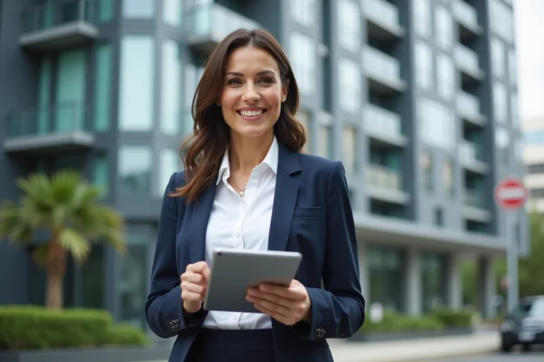 Agent immobilière professionnelle tenant une tablette avec des plans d'appartement devant un immeuble moderne en verre et béton