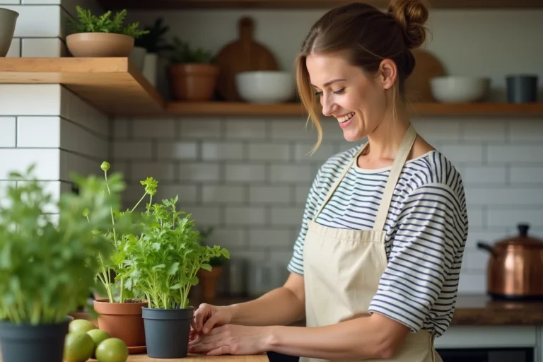 Femme arrangeant des herbes aromatiques en pots sur une étagère en bois dans une cuisine bien organisée et décorée avec soin
