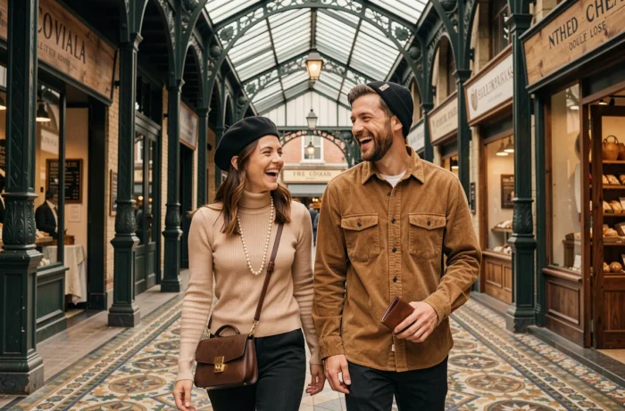Deux amis tendance se promenant dans un marché couvert parisien avec accessoires de mode urbaine