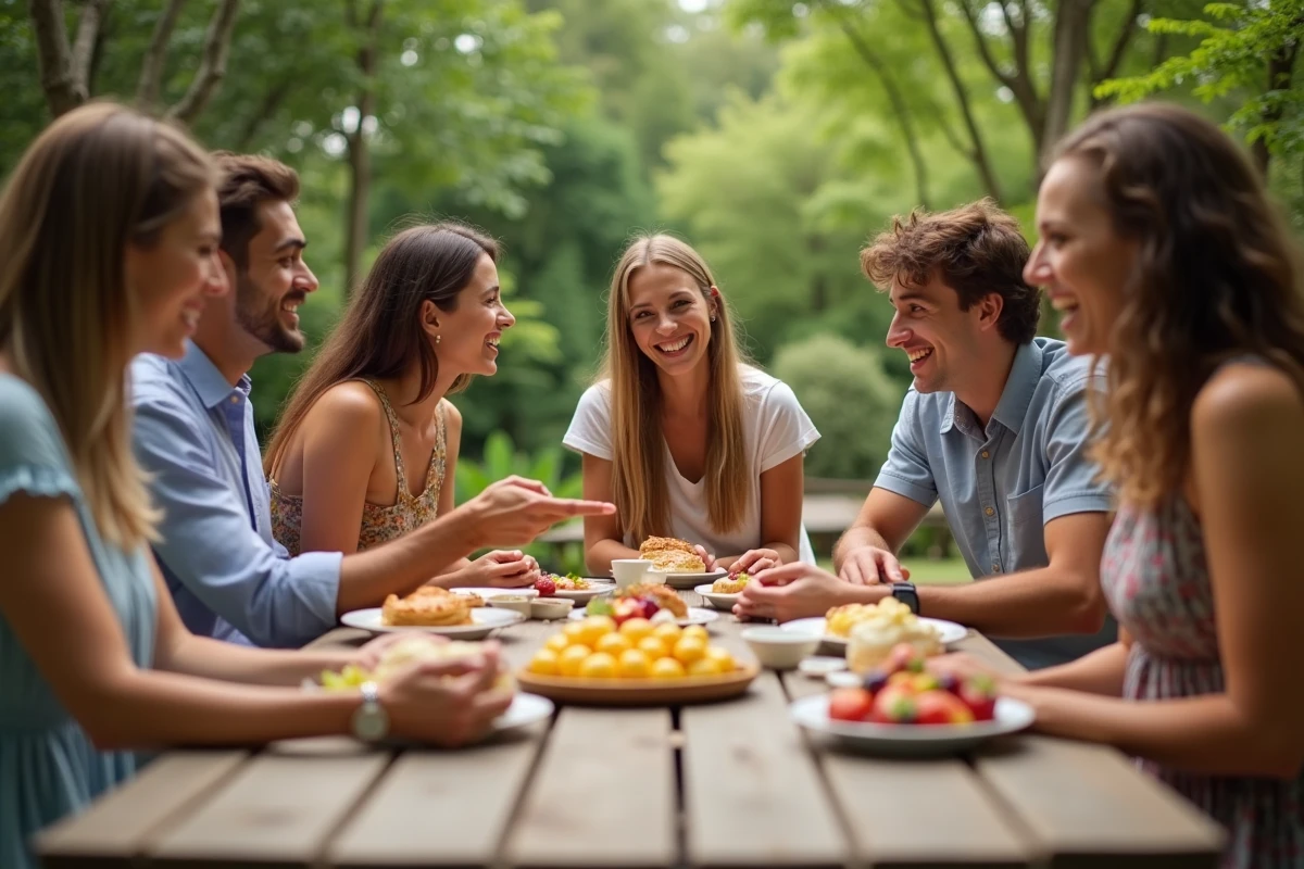 Groupe d amis partageant des pâtisseries dans un jardin ensoleille