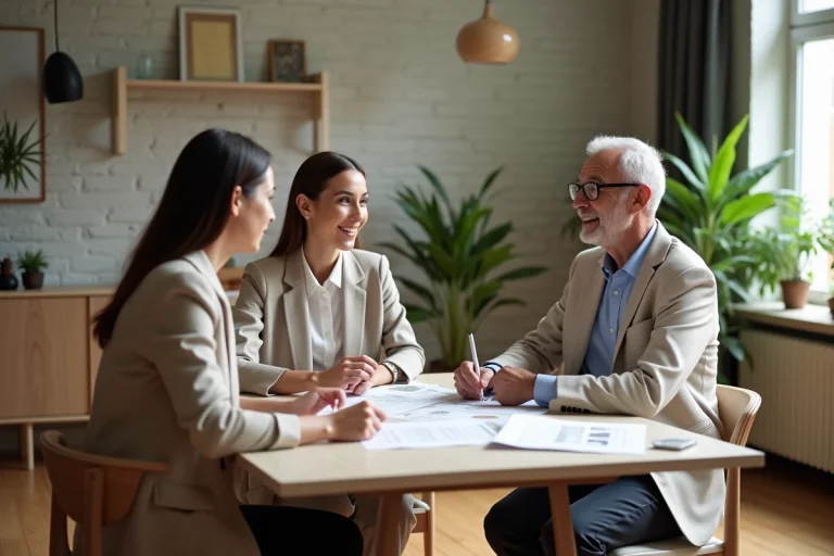 Architecte d'intérieur femme discutant avec un couple dans un salon lumineux
