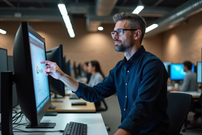 Homme arrêtant la synchronisation Google Drive depuis la barre des tâches sur un PC de bureau en open space