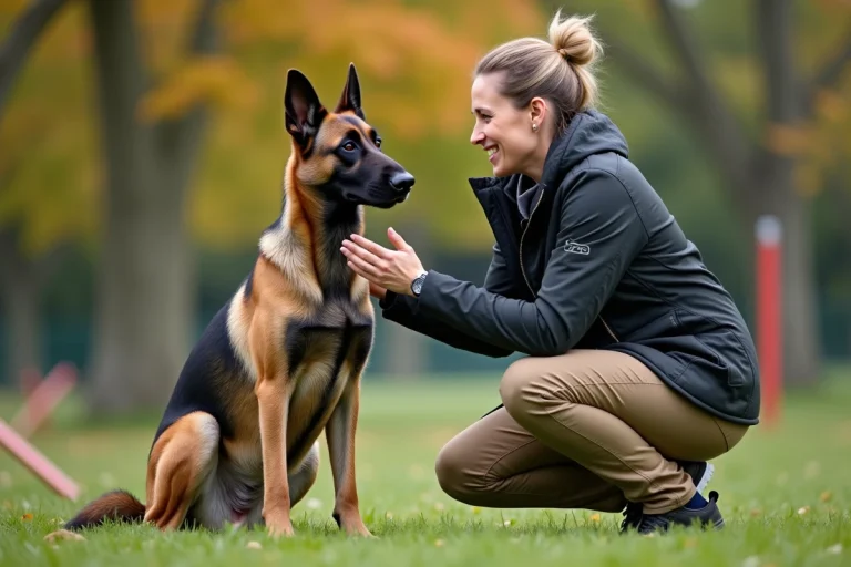 Chien berger belge Malinois assis avec éducatrice dans un parc