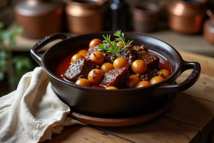 Boeuf bourguignon traditionnel servi dans une cocotte en fonte sur une table en bois rustique, avec champignons et oignons perlés dans une sauce au vin rouge