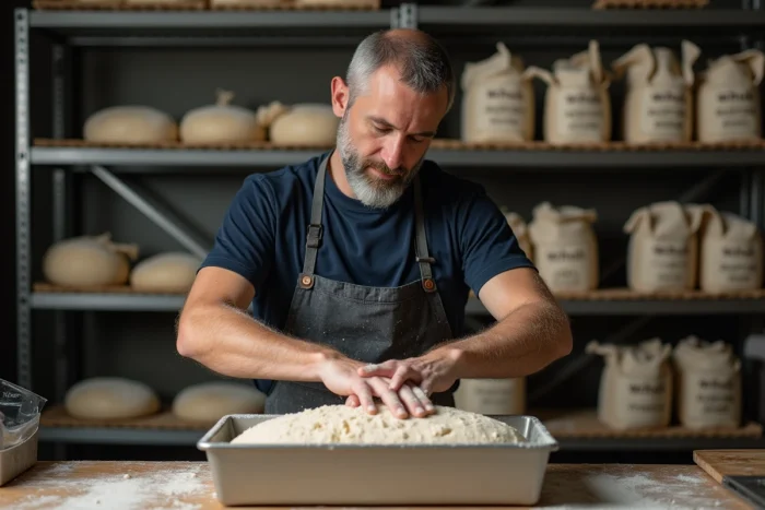 Boulanger artisan préparant une pâte de pain nordique aux céréales complètes dans un fournil professionnel