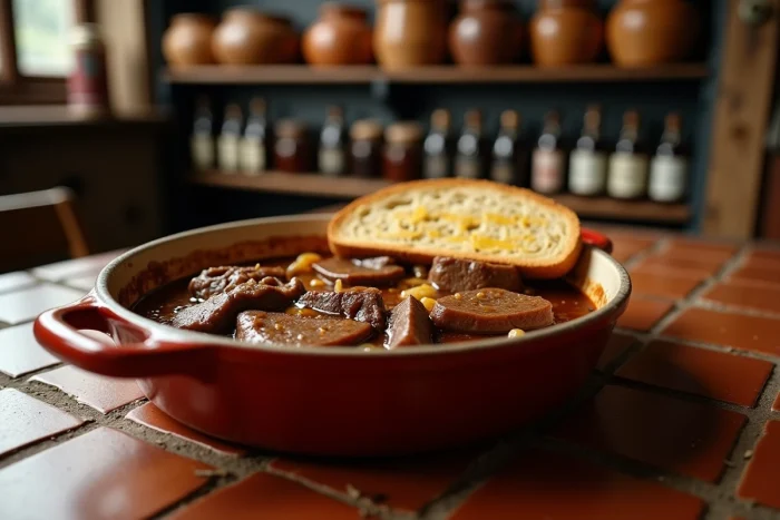 Carbonade flamande belge en plat céramique avec sauce à la bière brune, oignons caramélisés et tartine de pain moutardée posée dessus