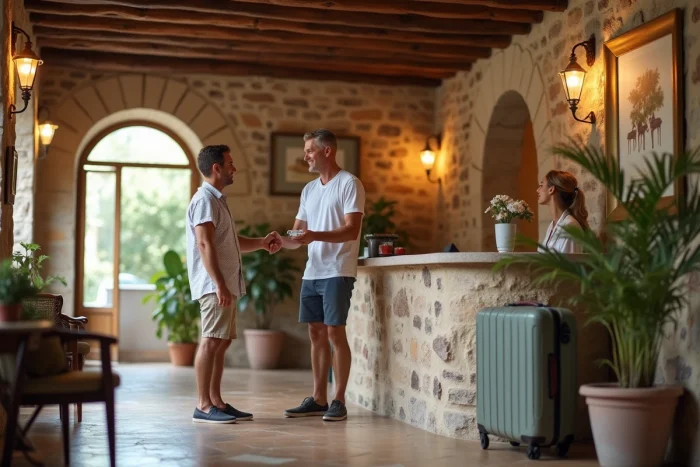 Couple enregistrant leur arrivée dans un hôtel boutique de charme pour des vacances idéales