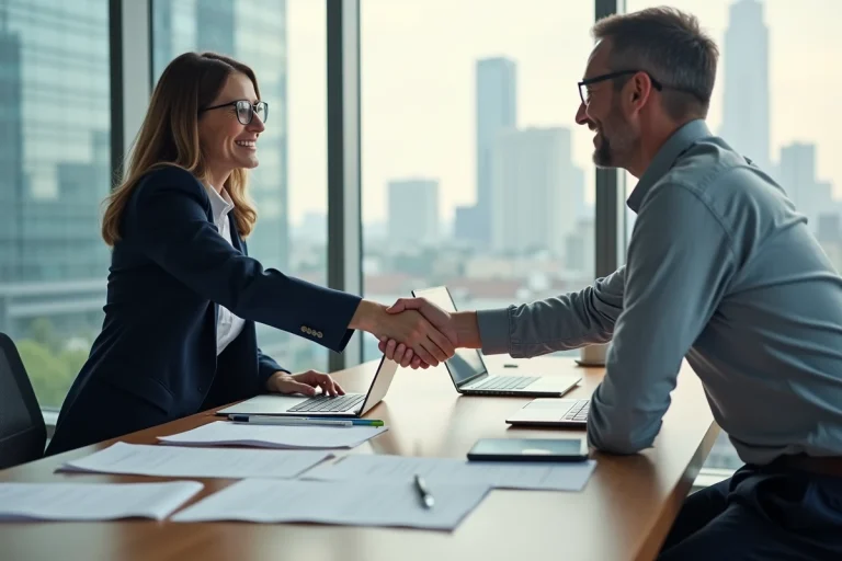 Deux professionnels se serrant la main autour d'une table de réunion avec des documents et ordinateurs portables, symbolisant la collaboration par email