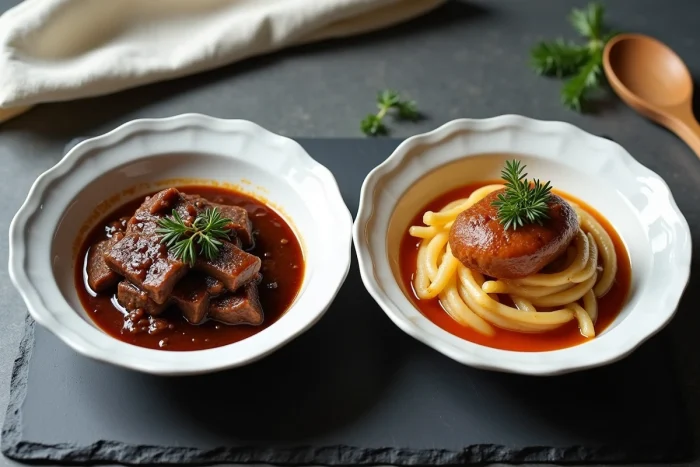 Comparaison côte à côte du boeuf bourguignon et de la carbonade flamande servis dans des assiettes blanches sur une ardoise noire, mettant en valeur les différences de sauce et de texture