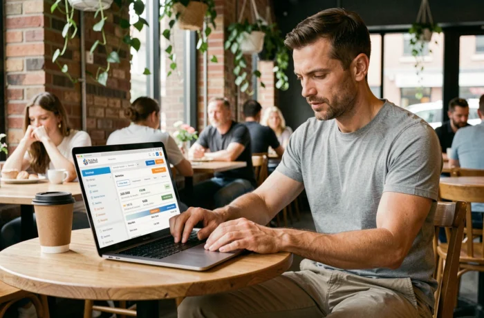 Homme comparant des prix de voyages en ligne dans un café pour économiser sur ses déplacements