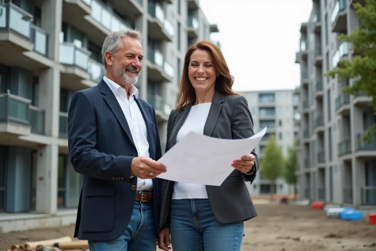 Couple confiant examinant plans architecturaux sur site Île de France