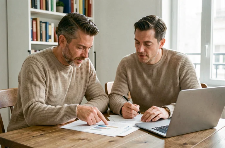 Couple examinant des documents de crédit immobilier à leur table de salle à manger en 2024