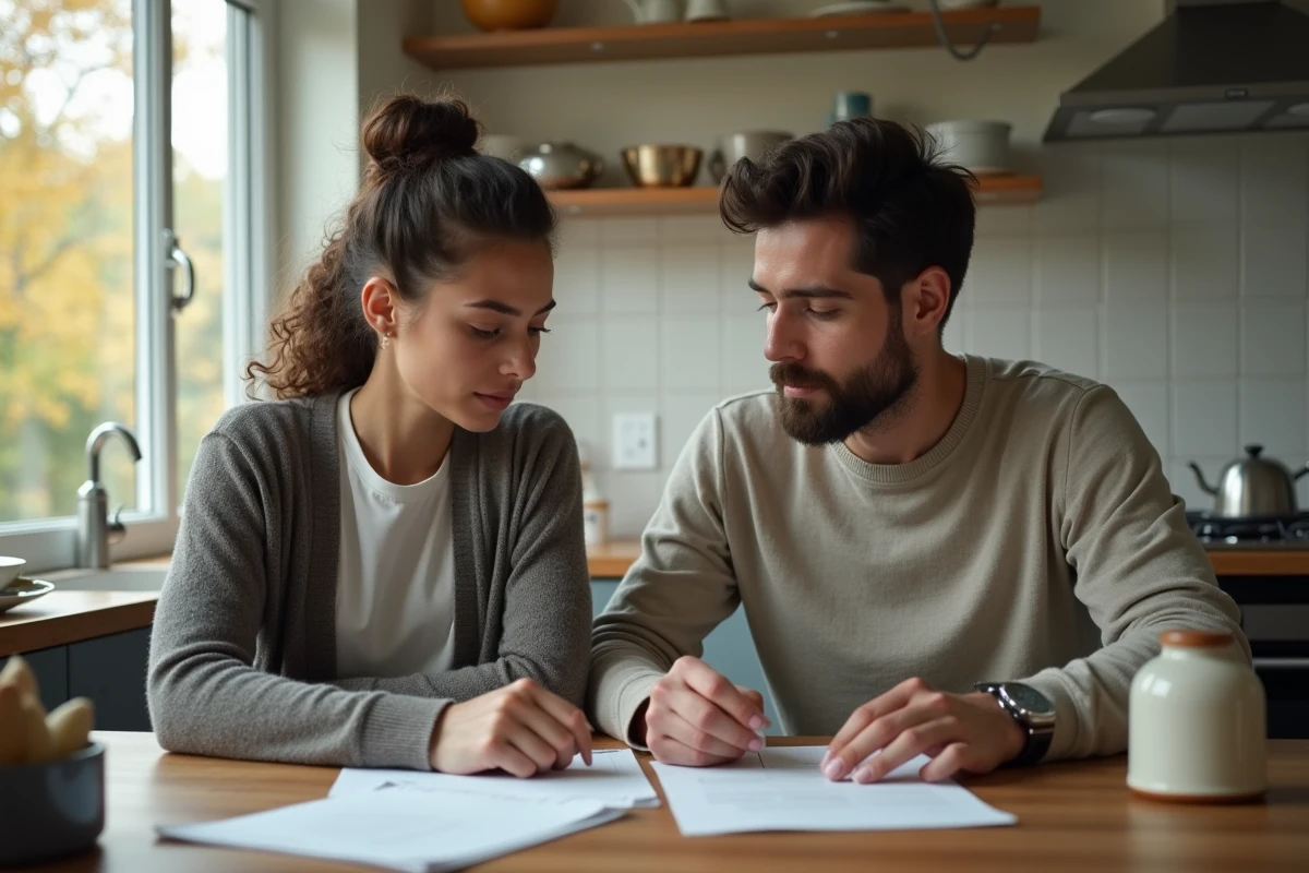 Couple assis à la table de cuisine examinant des papiers