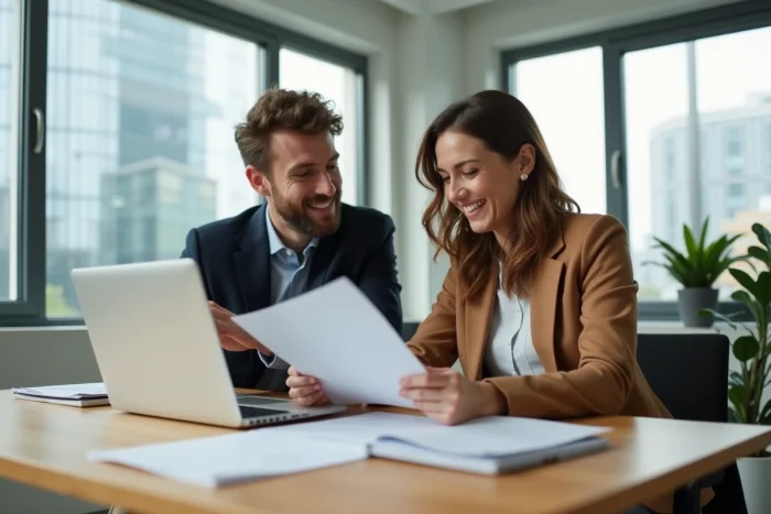 Couple examinant des documents immobiliers ensemble dans une agence moderne avec vue sur la ville