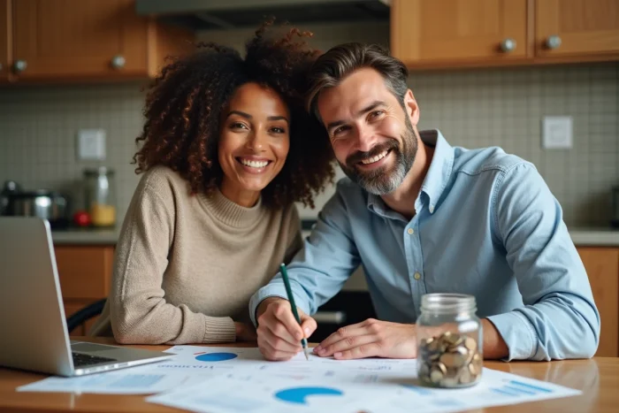 Couple planifiant ensemble leur budget et stratégie d'épargne pour atteindre l'indépendance financière
