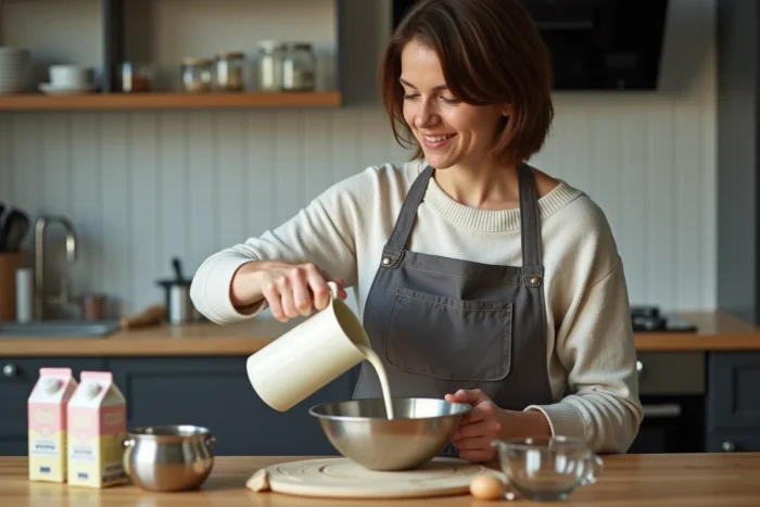 Femme verser de la creme dans un bol en cuisine