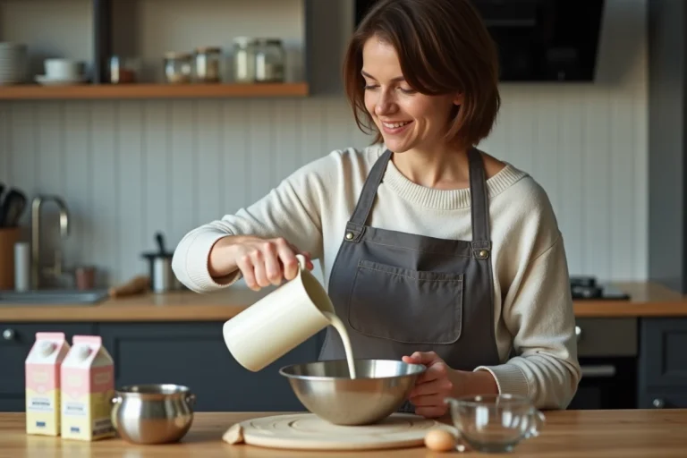 Femme verser de la creme dans un bol en cuisine