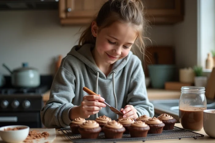Adolescente décorant des muffins au chocolat faits maison dans une cuisine avec des ustensiles de pâtisserie