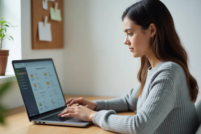 Femme désactivant la synchronisation Google Drive sur un ordinateur portable dans un bureau à domicile