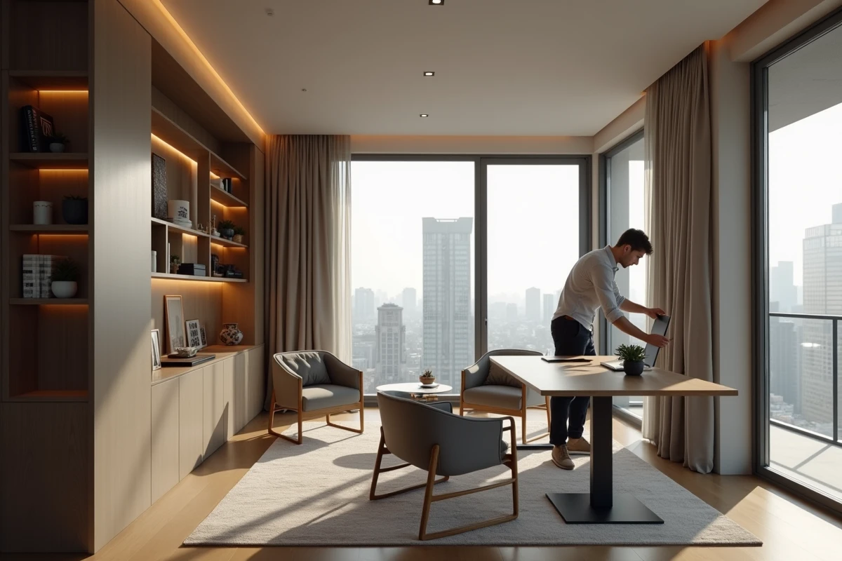 Jeune designer arrangeant une étagère dans un appartement moderne