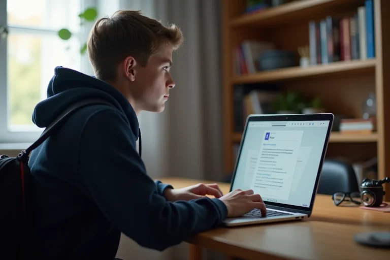 Élève adolescent envoyant un document sur Pronote depuis son bureau à la maison