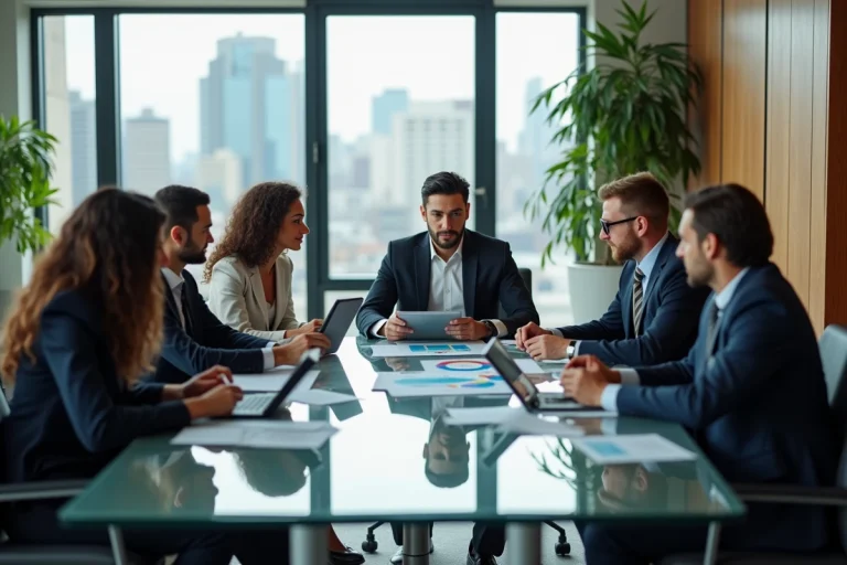 Groupe de professionnels discutant de marketing en réunion