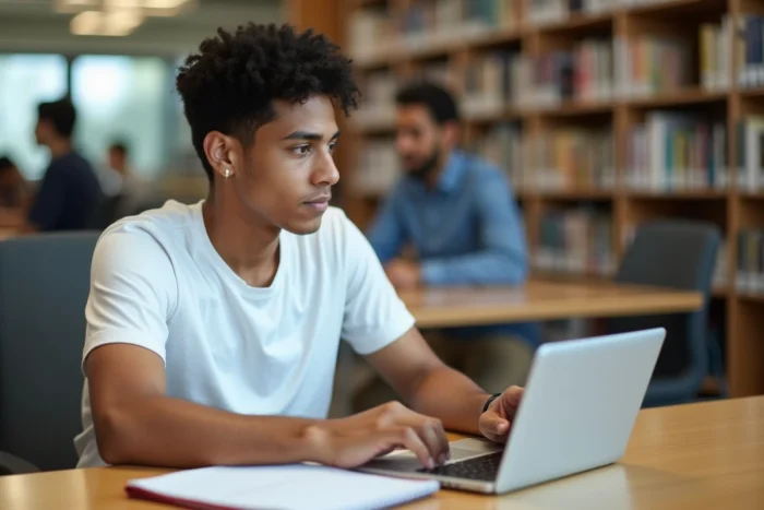 Étudiant envoyant un devoir sur Pronote depuis une tablette en bibliothèque universitaire