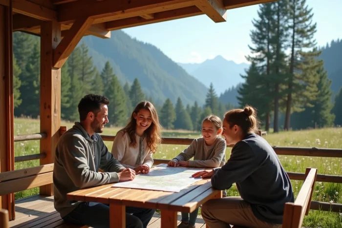 Famille planifiant leurs activités de vacances depuis le porche d'un chalet de montagne loué