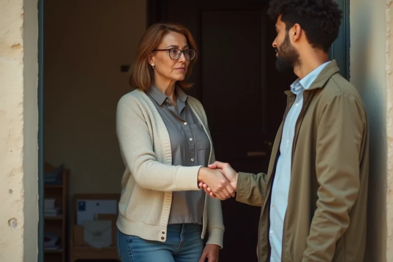 Femme française serrant la main d'un jeune homme devant sa porte