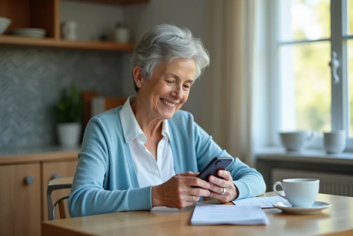 Femme agee souriante utilisant son téléphone portable
