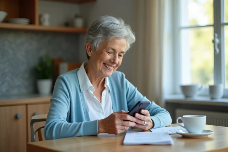 Femme agee souriante utilisant son téléphone portable