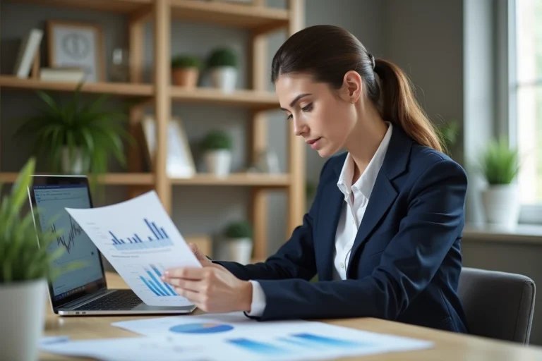 Femme analysant des graphiques financiers sur un bureau à domicile pour atteindre l'indépendance financière