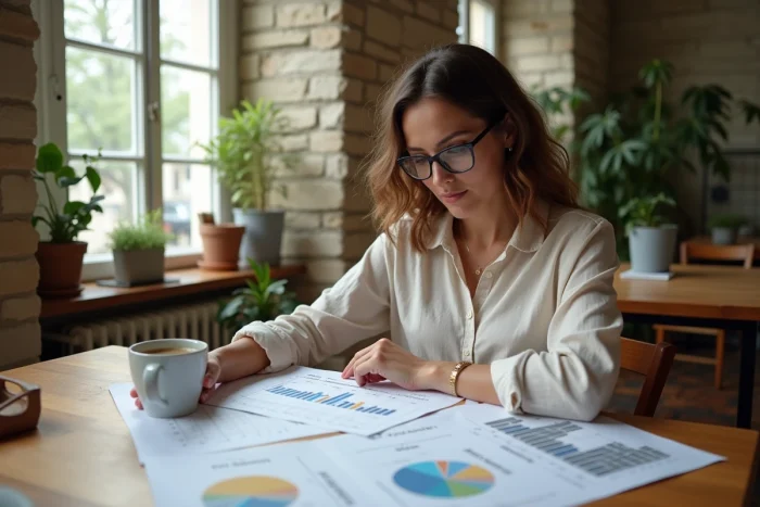Femme étudiant les prix du marché immobilier avec des graphiques dans un appartement parisien, évolutions immobilières 2027