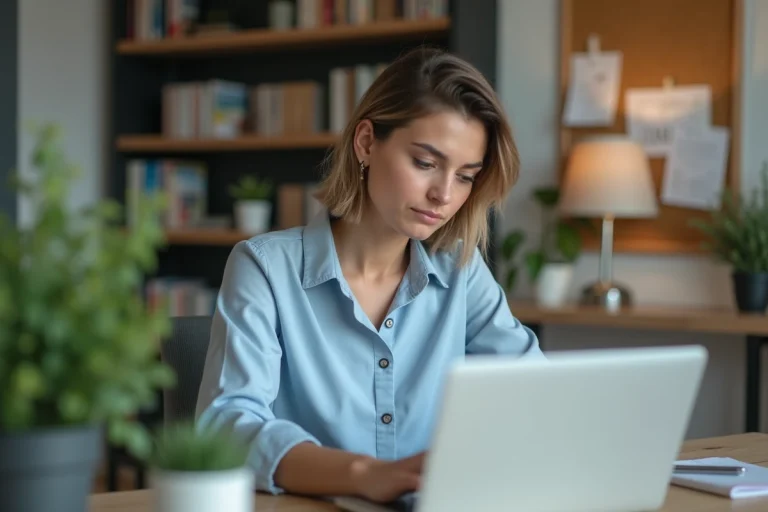 Femme analysant des statistiques sur son ordinateur portable