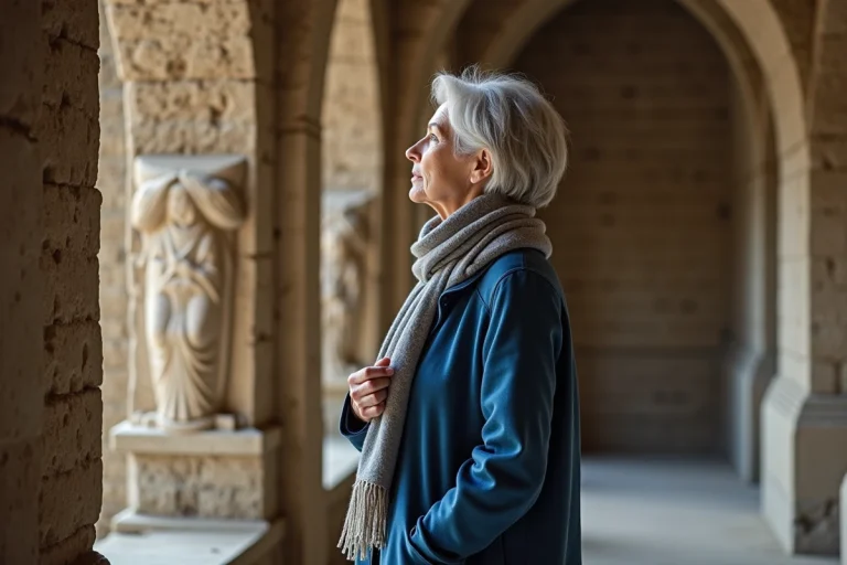 Femme en coat bleu contemplant les sculptures anciennes