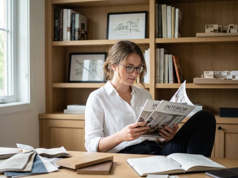 Femme réfléchissant dans un bureau moderne avec livres d'architecture