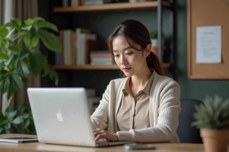 Jeune femme au bureau avec ordinateur et plantes