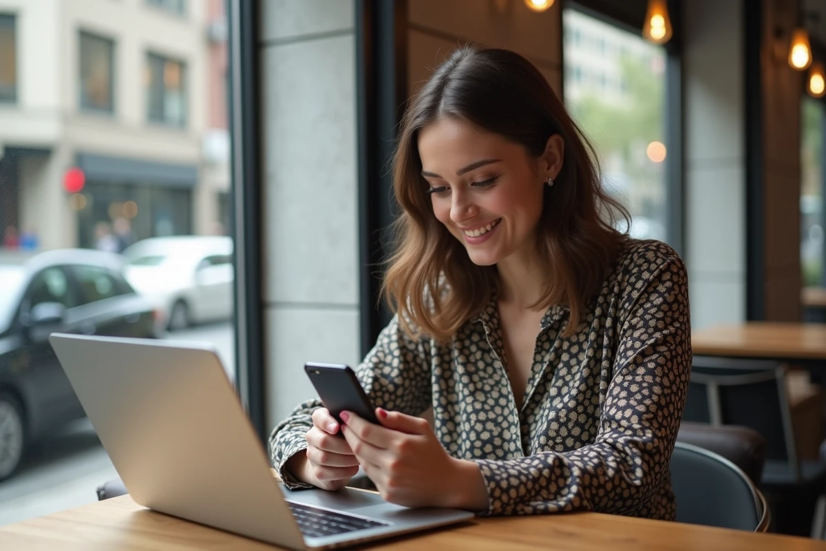 Femme souriante dans un café avec son ordinateur portable