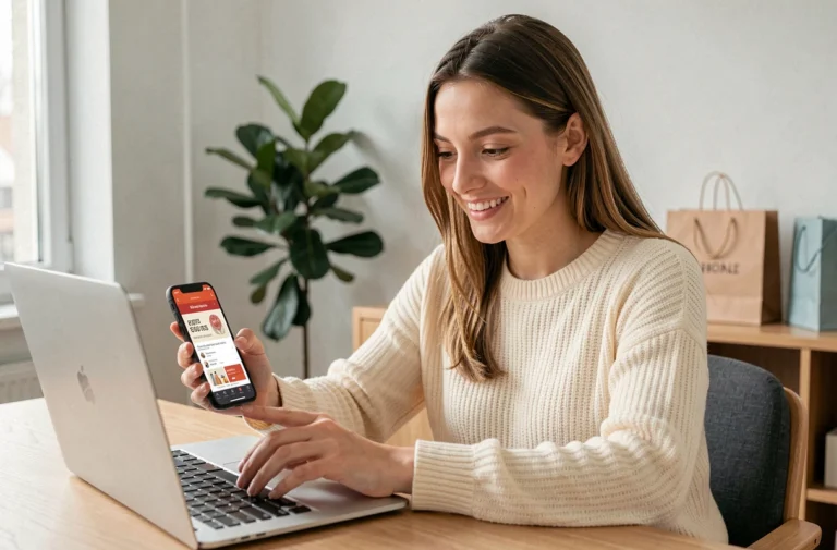 Jeune femme souriante utilisant un code promo Zalando sur son ordinateur portable dans un appartement moderne