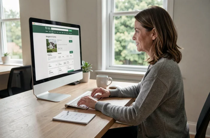 Femme comparant des offres de crédit immobilier en ligne depuis son bureau à domicile